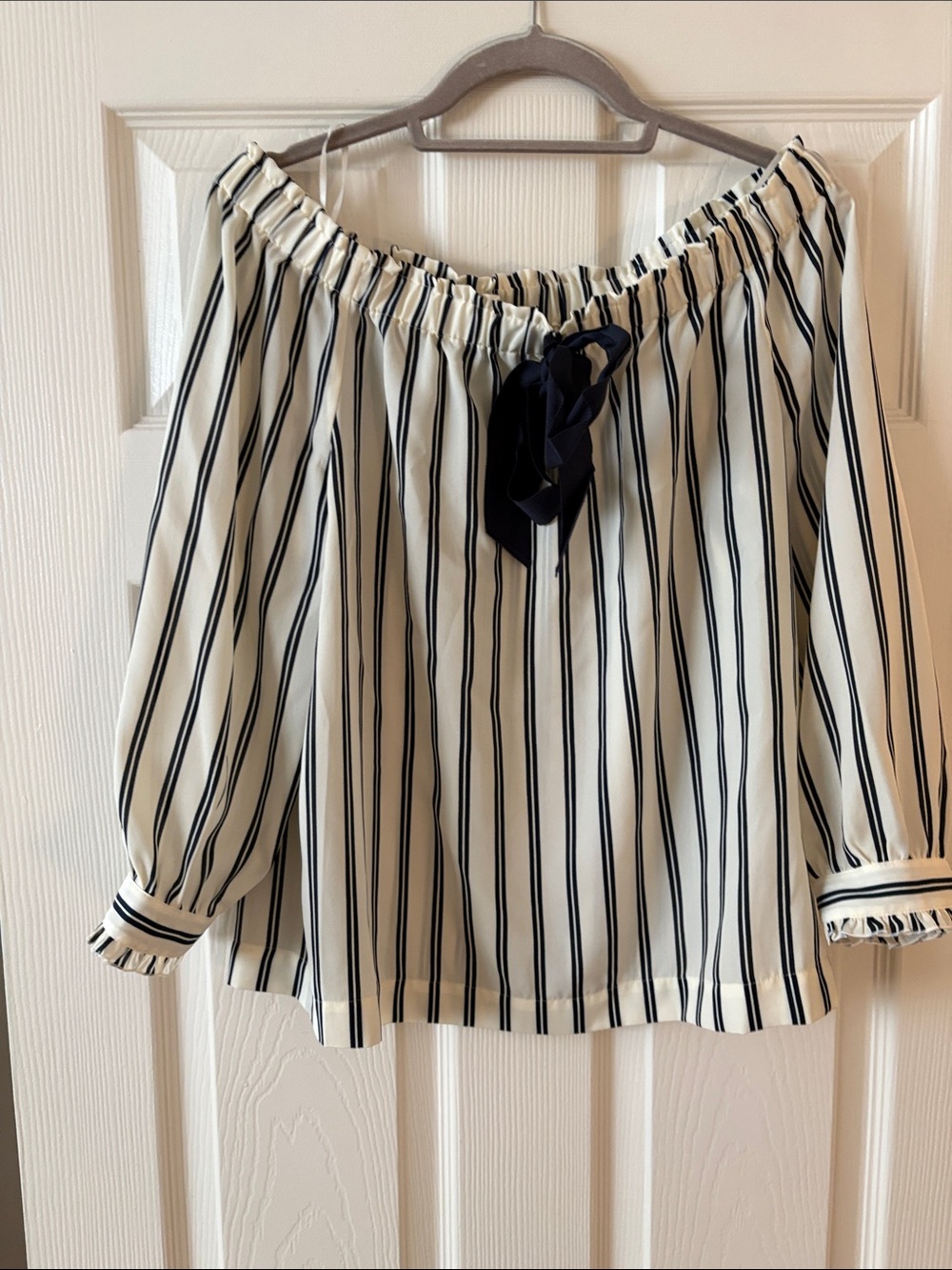 J. Crew Factory Cream and Navy Striped Off-Shoulder Blouse